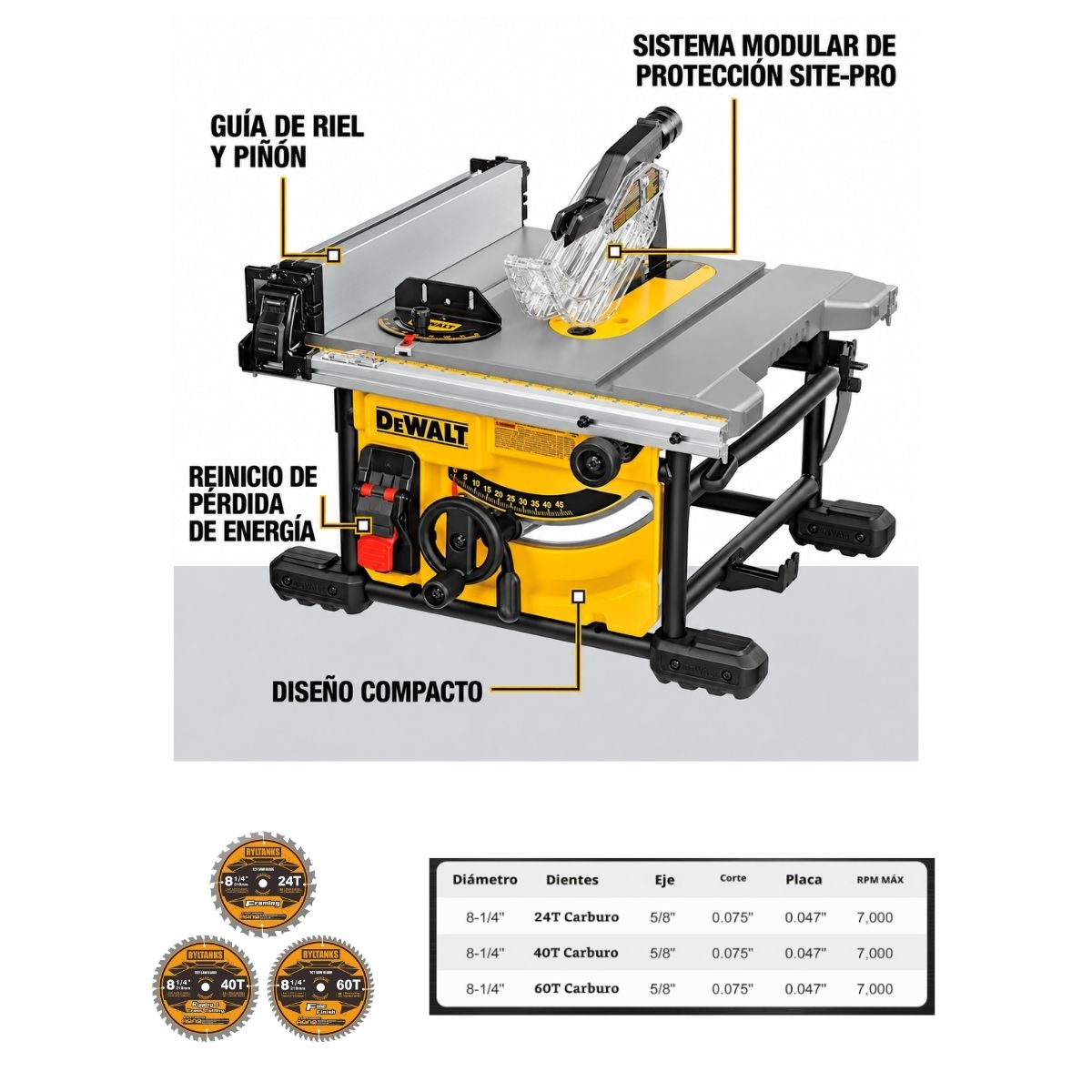 Sierra de mesa compacta 8-1/4 Dewalt Dwe7485 + 3 Discos Extra