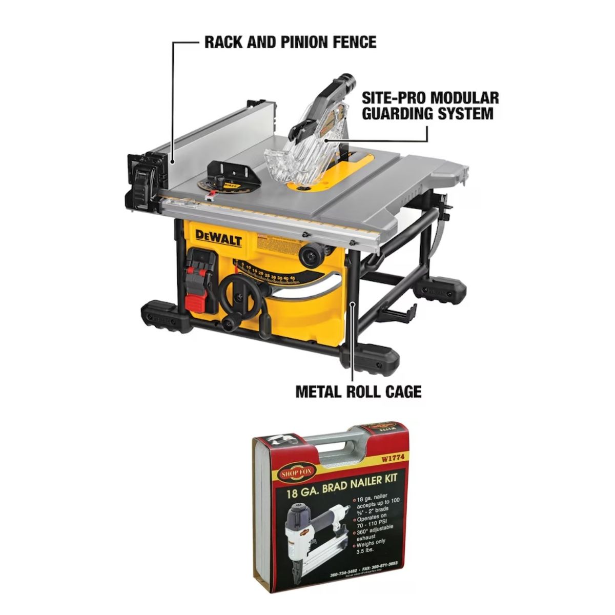 Sierra de mesa portatil de 8 1/4" y 15 Amp Dewalt DWE7485 + clavadora shop fox W1774 Cal 18