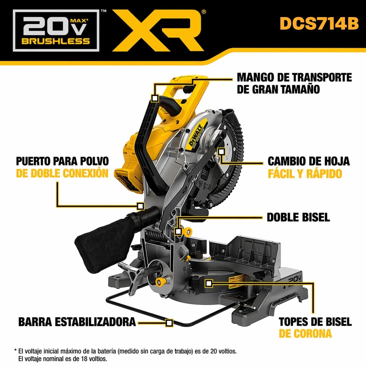 Sierra de inglete inalambrica de 10" doble bisel 20V XR Dewalt DCS714B + bateria 5AH