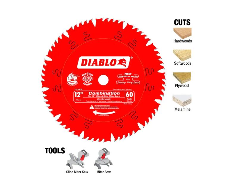 Disco de corte de madera para sierra circular de 12" x 60 dientes Diablo D1260X