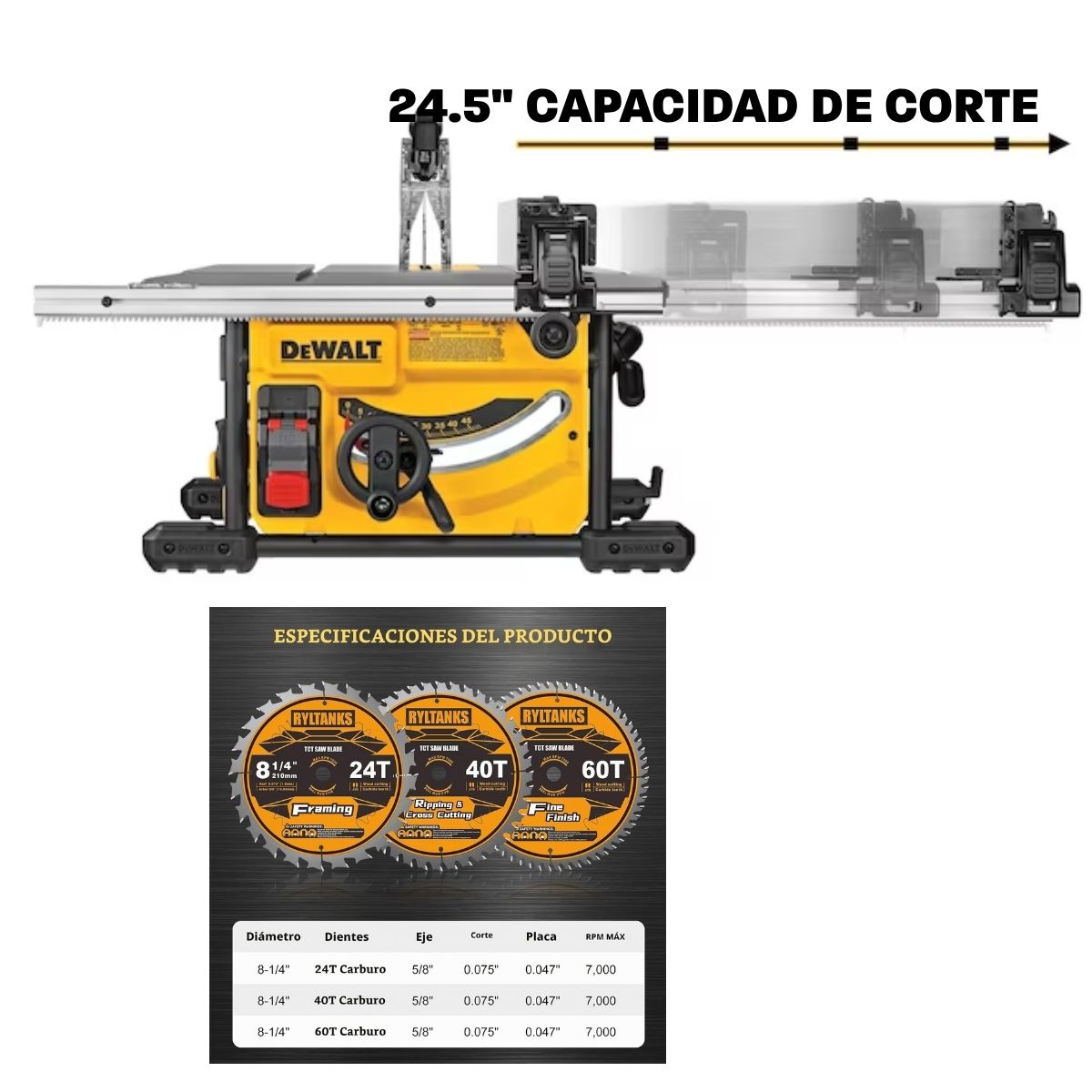 Sierra de mesa compacta 8-1/4 Dewalt Dwe7485 + 3 Discos Extra
