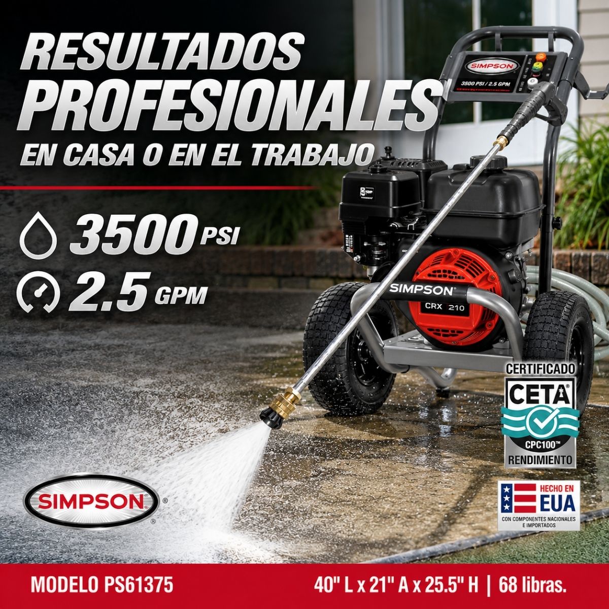 Hidrolavadora a gasolina SIMPSON Pro Series con bomba triplex AAA de 3500 PSI y 2.5 GPM