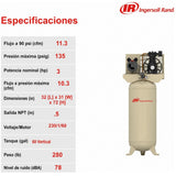 Compresor de aire vertical estacionario de 60 Gal y 135 PSI 230 V Ingersoll Rand SS3L3