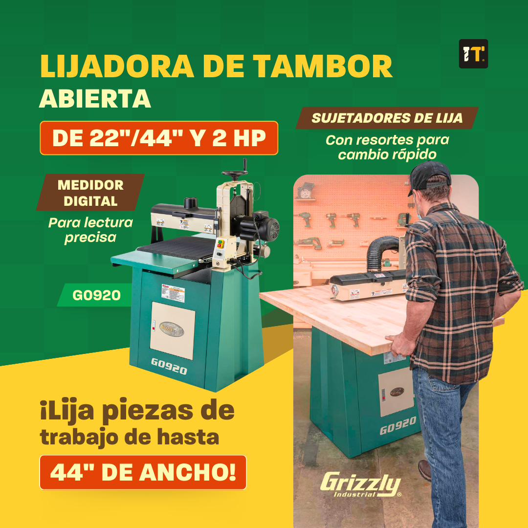 Lijadora de tambor de extremo abierto de 22"/44" y 2 HP Grizzly G0920