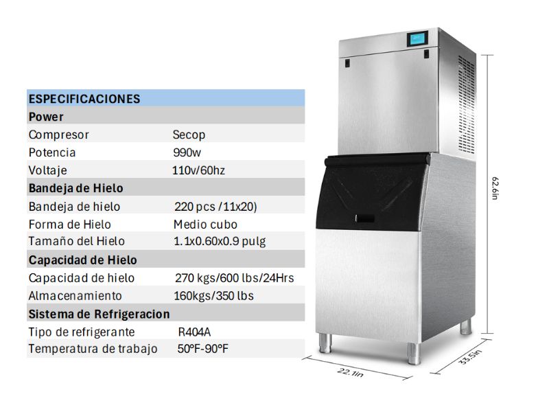 Máquina de hielo comercial de 270 kg/día - 600 lbs/24 hrs con almacenamiento de 350 lbs Holymuss