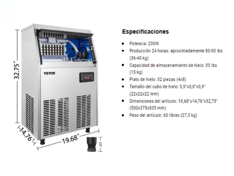 Máquina de hielo comercial de 40 kg/día - 90 libras/24 hrs VEVOR