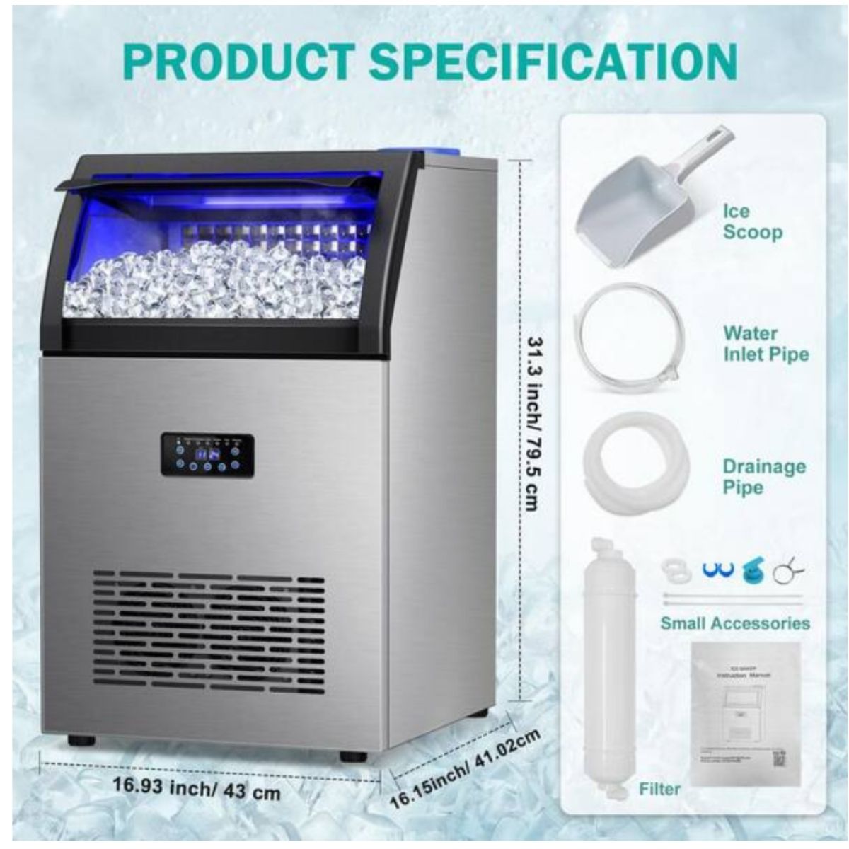 Maquina de hielo comercial de 160 lbs/ 72 kgs /24 hrs Hooure