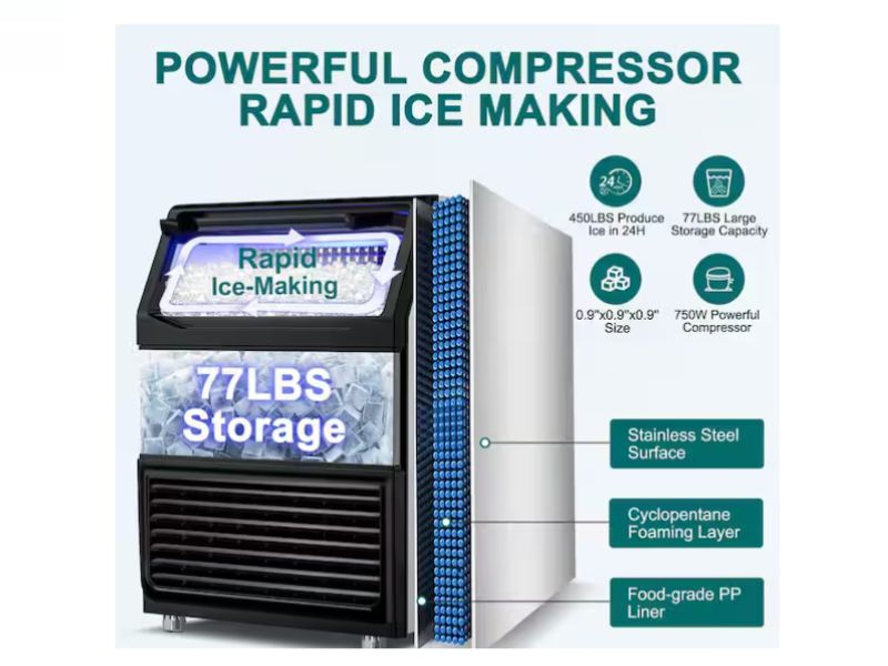 Maquina de hielo comercial de 450 lbs/24 hrs 200 kgs/dia 77 lbs de almacenamiento Velivi