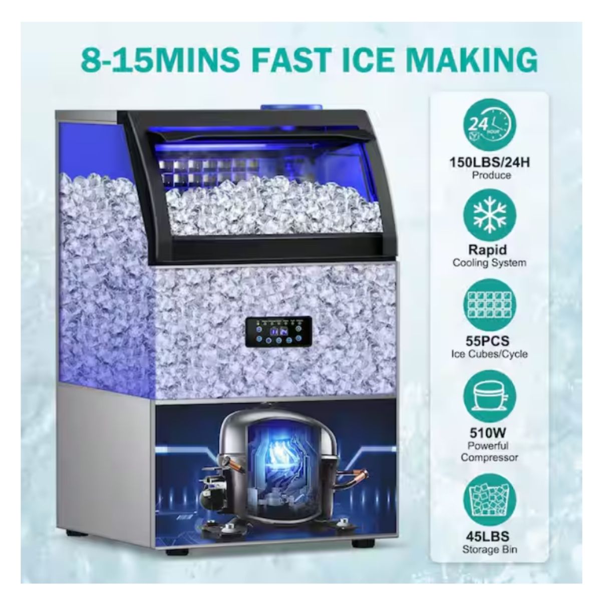 Maquina de hielo comercial de 160 lbs/ 72 kgs /24 hrs Hooure