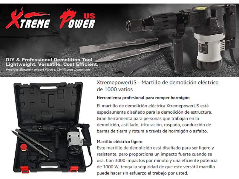 Martillo demoledor de concreto eléctrico de 1-1/2" 1000W con mango, cinceles planos y puntiagudos + estuche XtremepowerUS 61105-XP