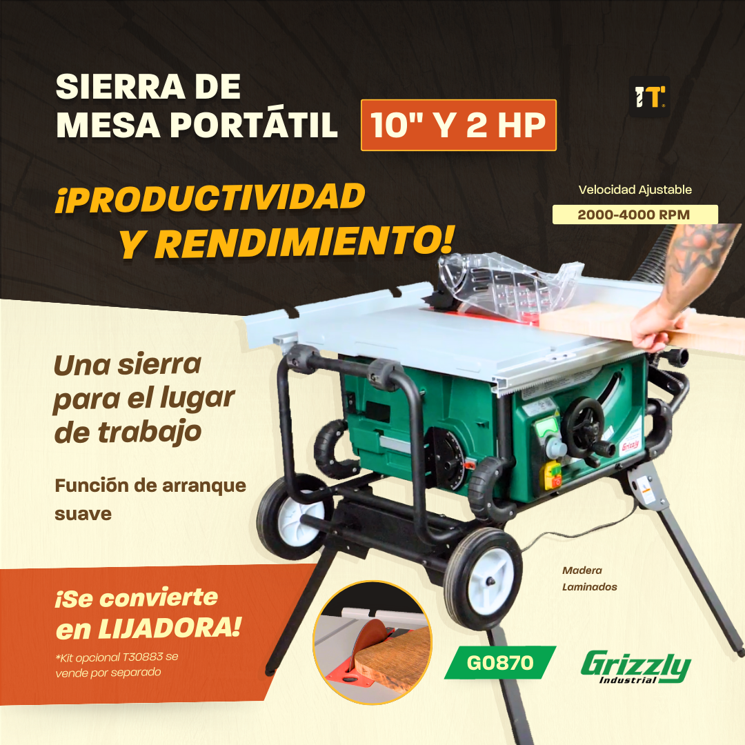 Sierra de mesa portátil tipo contratista de 10" con soporte de rodillos y 2 HP Grizzly G0870