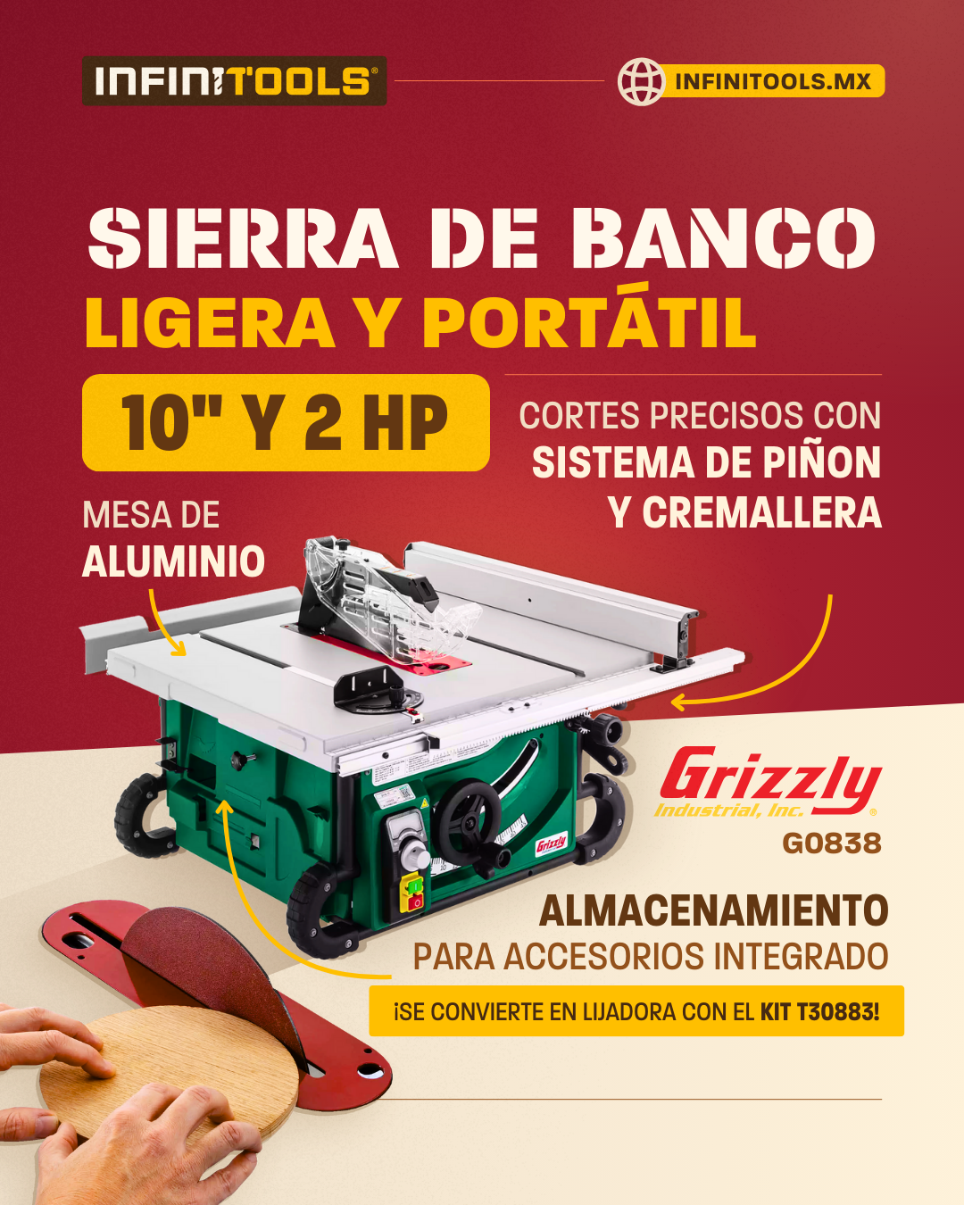 Sierra de banco portátil de 10" y 2 HP Grizzly G0869