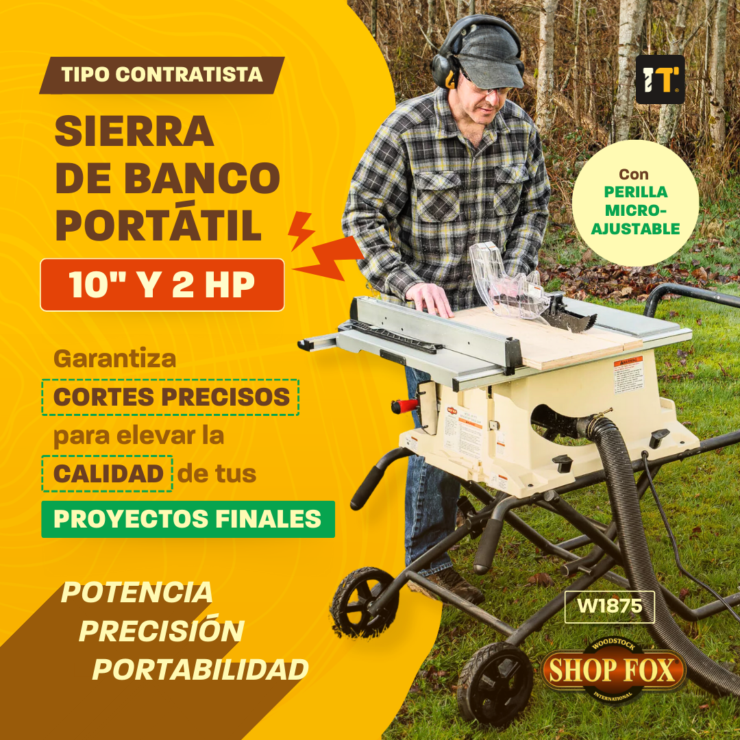 Sierra de banco portátil tipo contratista de 10" y 2 HP Shop Fox W1875