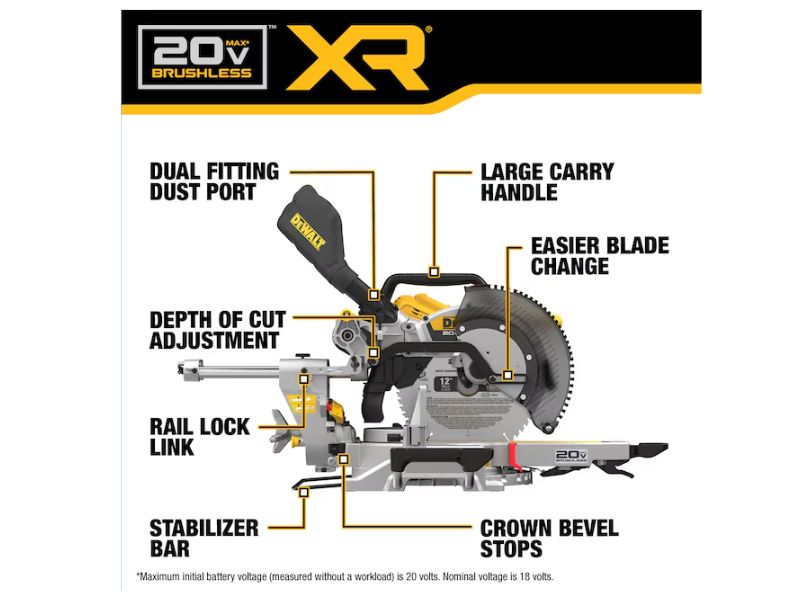 Sierra de inglete de doble bisel telescopica inhalambrica de 12" incluye cargador y pila Dewalt DCS785B