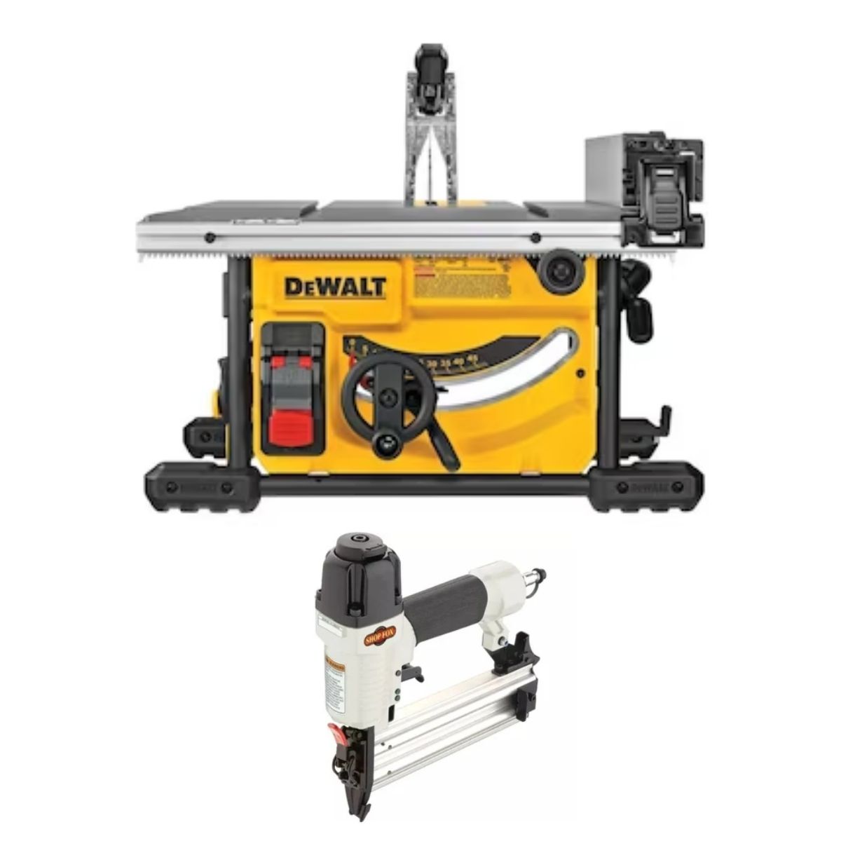 Sierra de mesa portatil de 8 1/4" y 15 Amp Dewalt DWE7485 + clavadora shop fox W1774 Cal 18