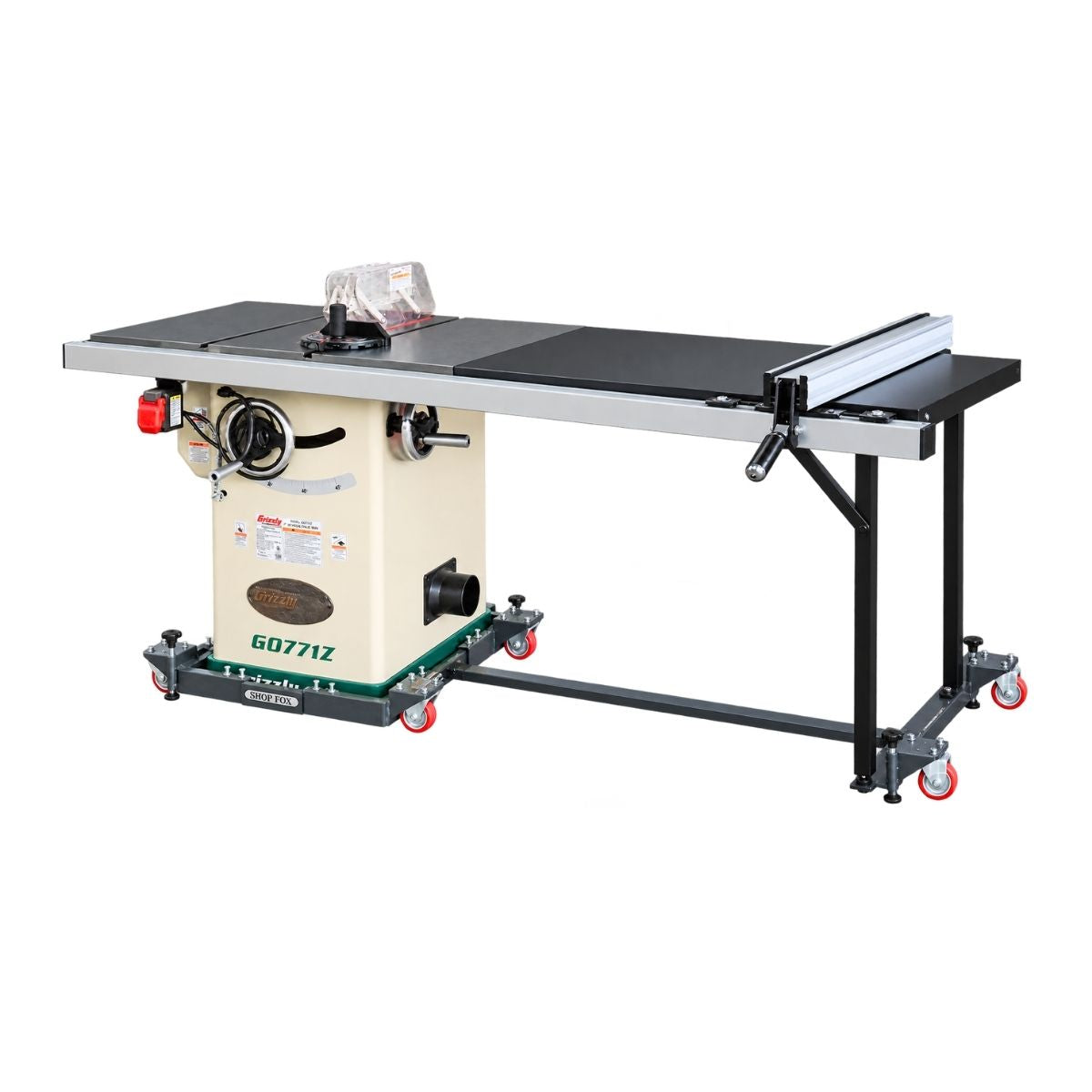 Sierra de mesa hibrida de 10" y 2 hp Grizzly G0771Z con mesa de extension y bases moviles