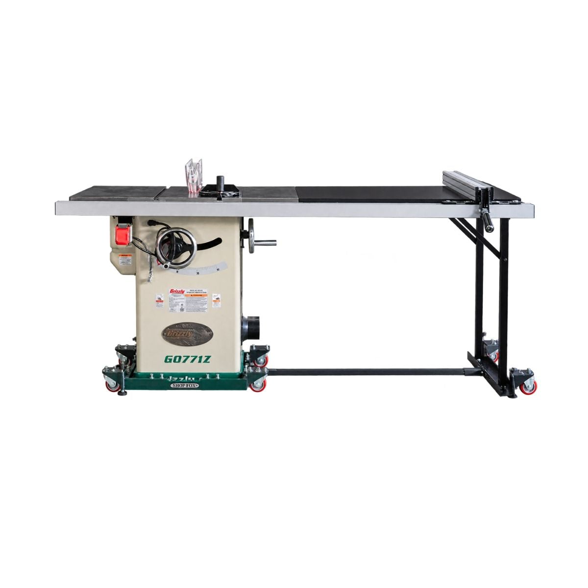 Sierra de mesa hibrida de 10" y 2 hp Grizzly G0771Z con mesa de extension y bases moviles