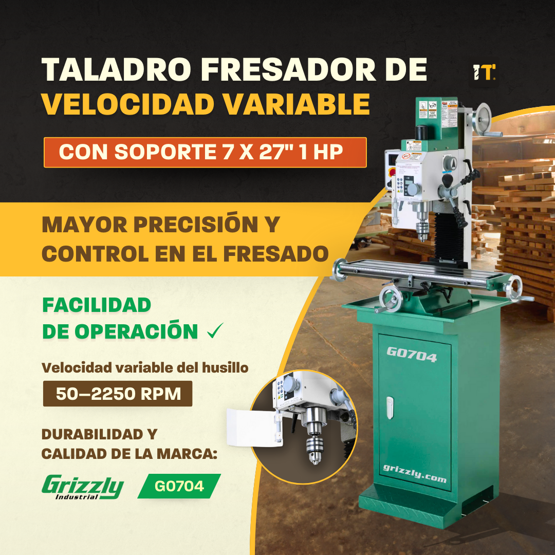 Taladro fresadora de 7" x 27" y 1 HP de velocidad variable con soporte Grizzly G0704