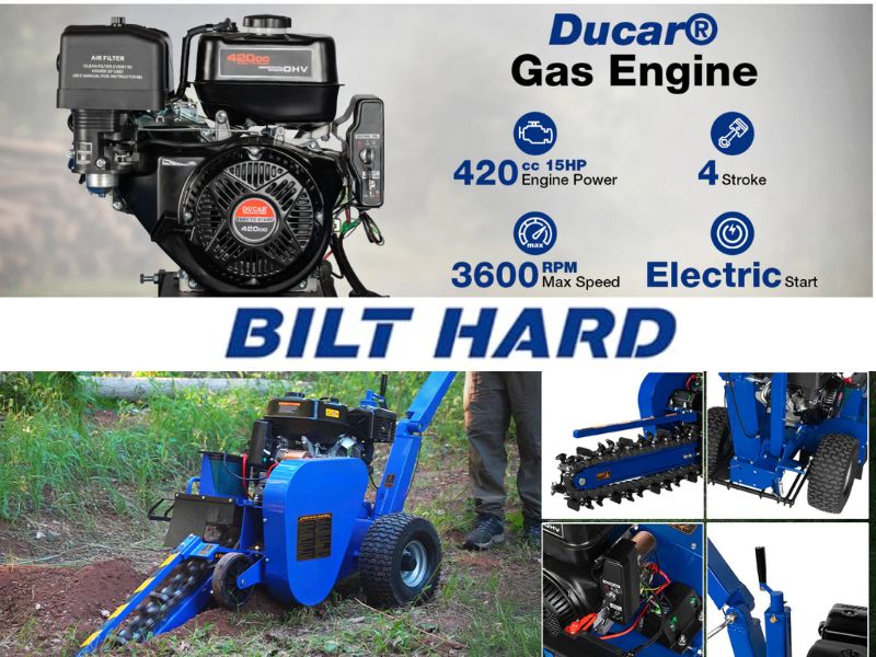 Zanjadora a gasolina de 24" con motor Ducar de 15 HP 420 CC Bilt Hard