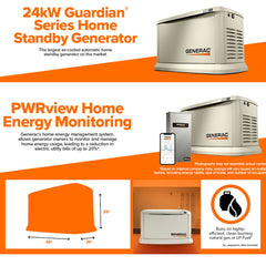 Generador de reserva para el hogar Guardian de 24kW de Generac con interruptor de transferencia PWRview Wi-Fi habilitado