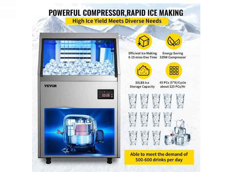 maquina de hielo comercial 120-130 lbs/24h 58 kg/dia con capacidad de 33 lbs 110v vevor